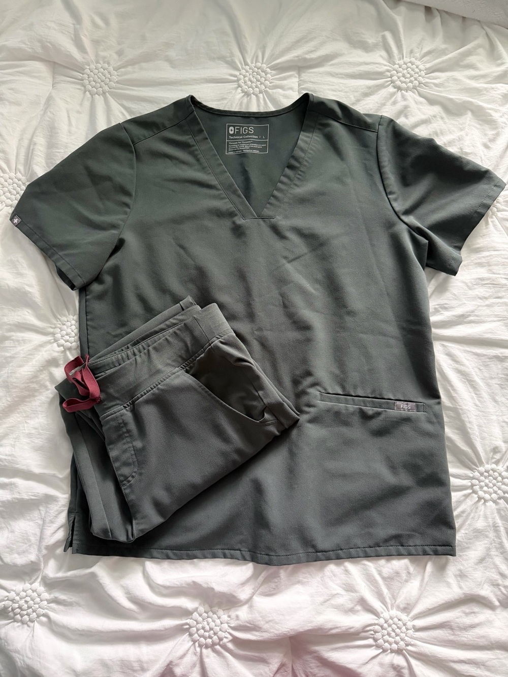 Limited edition Figs Bonsai green Scrub Top and Pants with maroon drawstring.